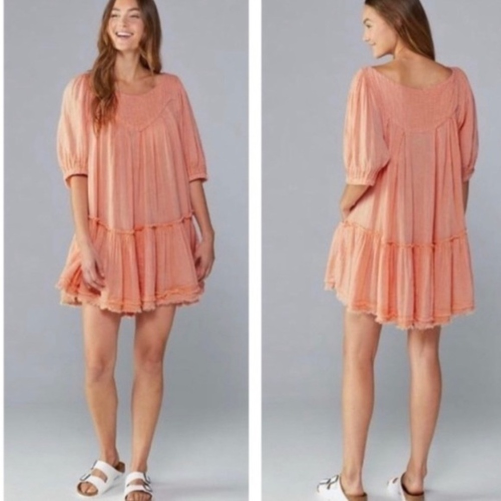 Free People Mystery Land Tunic Dress Small Peach Gauzy Boho Tiered Mini Dress